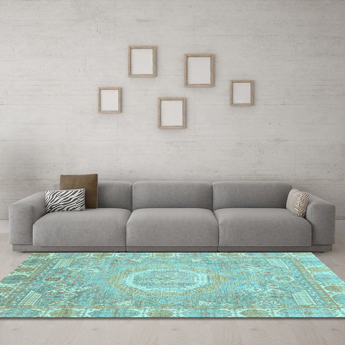 Machine Washable Oriental Light Blue Traditional Rug in a Living Room, wshabs4071lblu