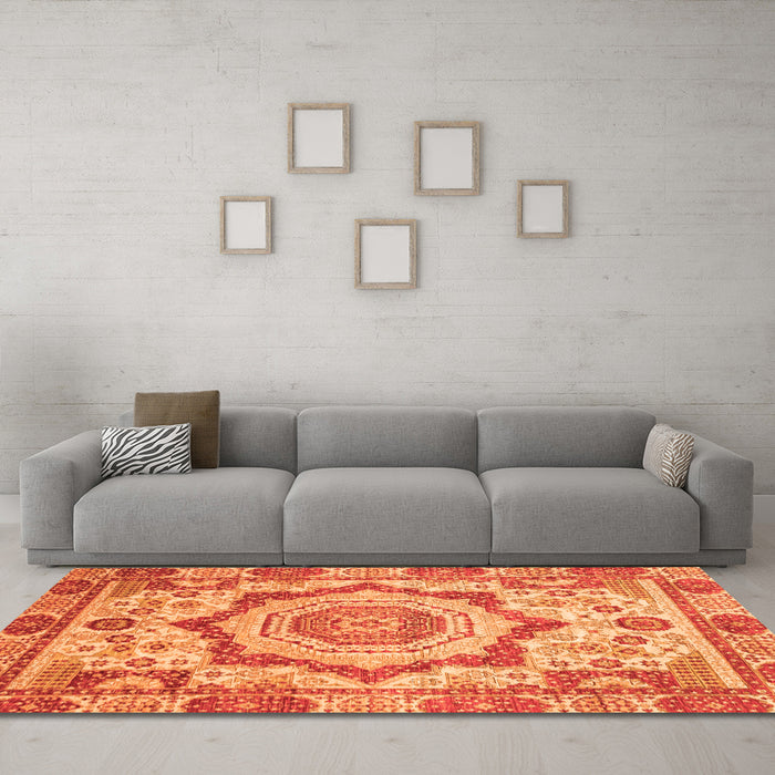 Machine Washable Abstract Orange Modern Area Rugs in a Living Room, wshabs4072org