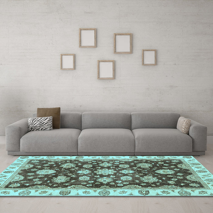 Machine Washable Oriental Light Blue Traditional Rug in a Living Room, wshabs4074lblu