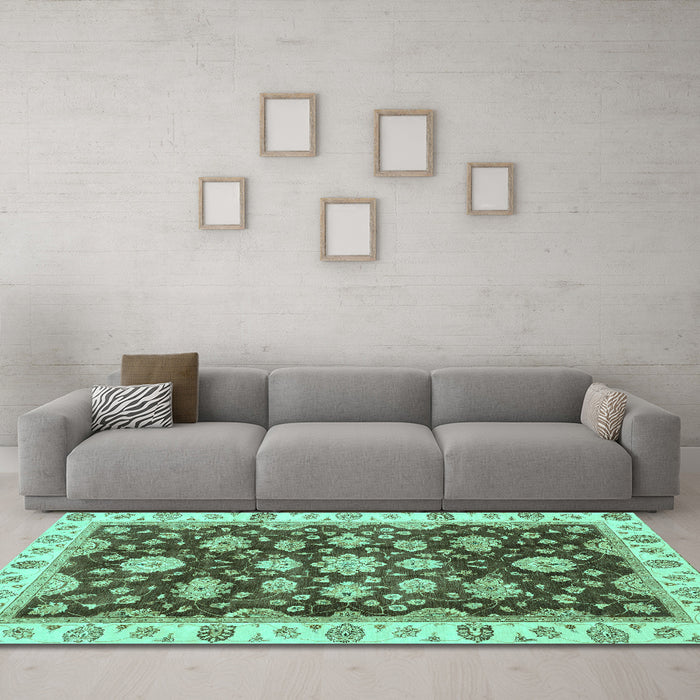 Machine Washable Oriental Turquoise Traditional Area Rugs in a Living Room,, wshabs4074turq