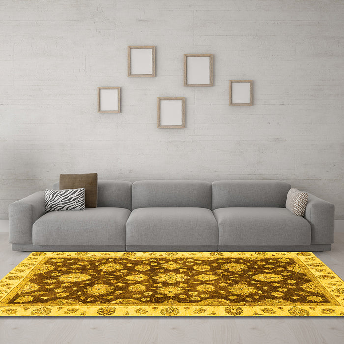 Machine Washable Oriental Yellow Traditional Rug in a Living Room, wshabs4074yw