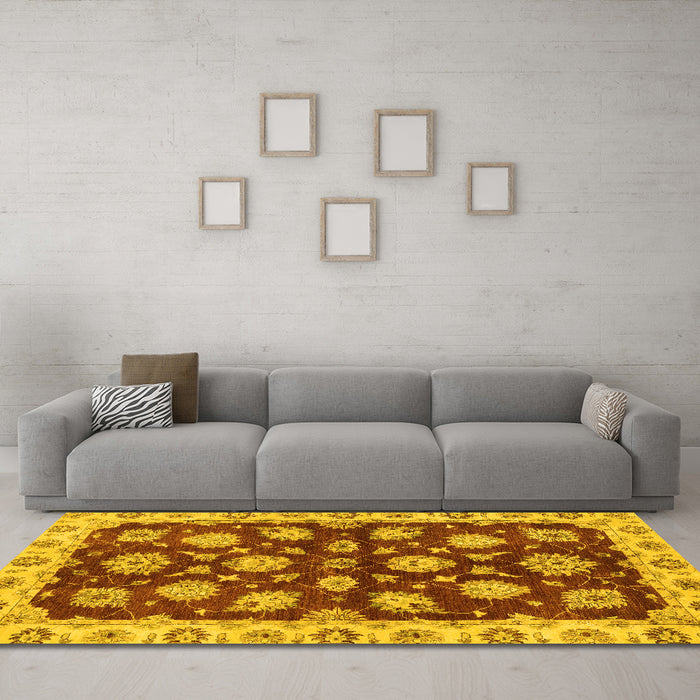 Machine Washable Oriental Yellow Traditional Rug in a Living Room, wshabs4076yw