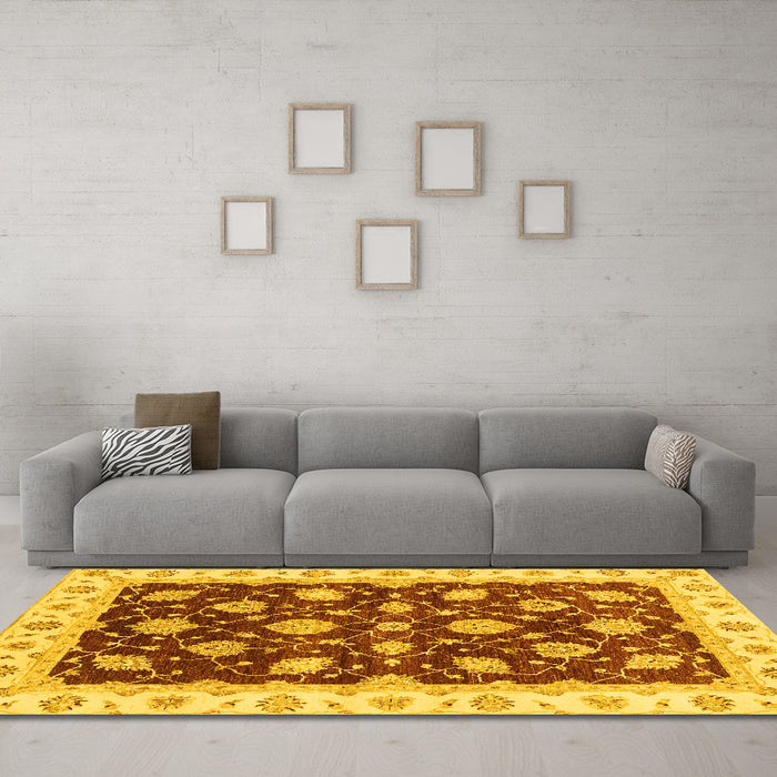 Machine Washable Oriental Yellow Traditional Rug in a Living Room, wshabs4078yw