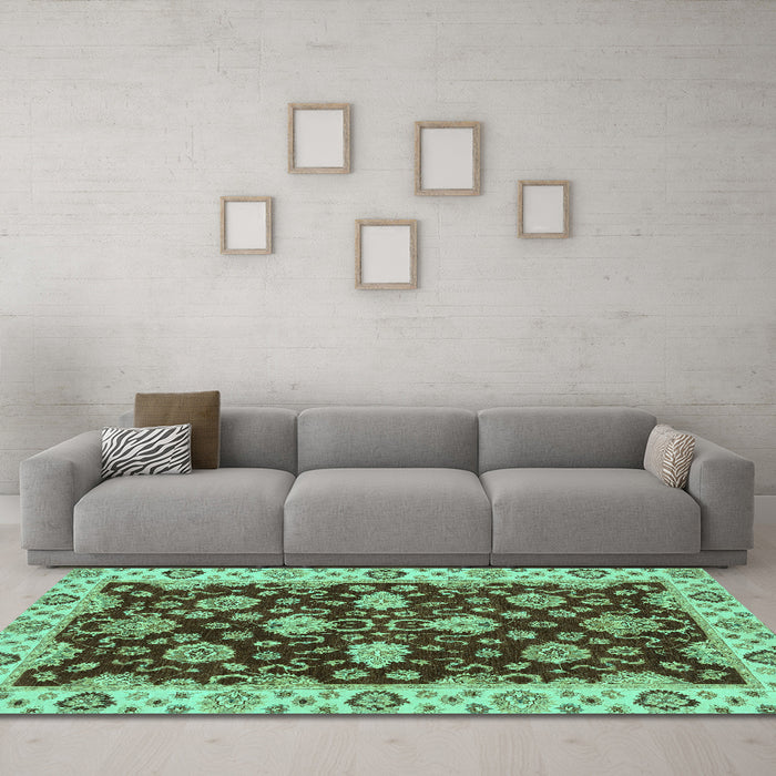 Machine Washable Oriental Turquoise Traditional Area Rugs in a Living Room,, wshabs4079turq