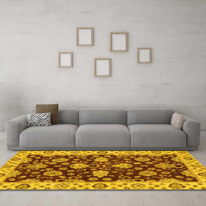 Machine Washable Oriental Yellow Traditional Rug in a Living Room, wshabs4079yw
