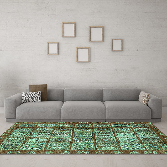 Machine Washable Abstract Turquoise Modern Area Rugs in a Living Room,, wshabs407turq