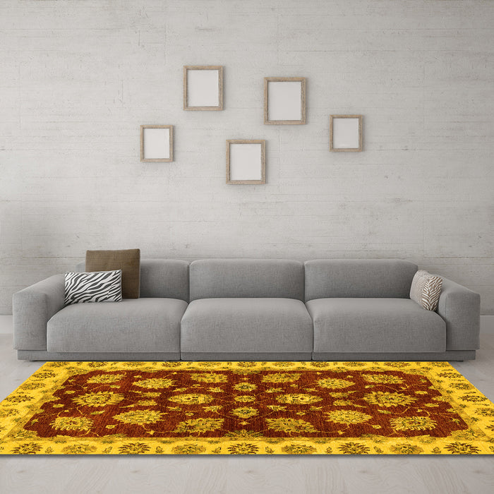 Machine Washable Oriental Yellow Traditional Rug in a Living Room, wshabs4080yw