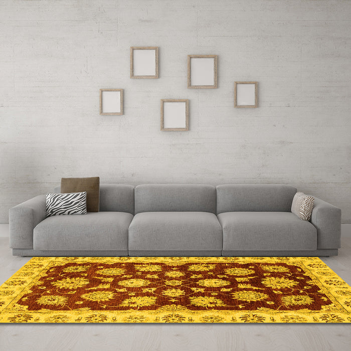 Machine Washable Oriental Yellow Traditional Rug in a Living Room, wshabs4081yw