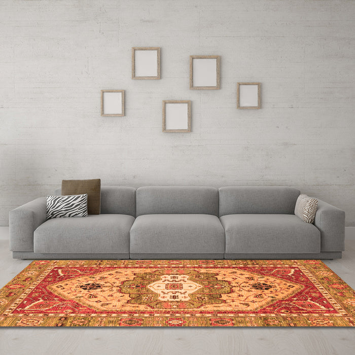 Machine Washable Abstract Orange Modern Area Rugs in a Living Room, wshabs4082org