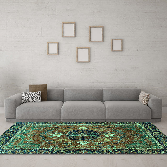 Machine Washable Persian Turquoise Traditional Area Rugs in a Living Room,, wshabs4083turq