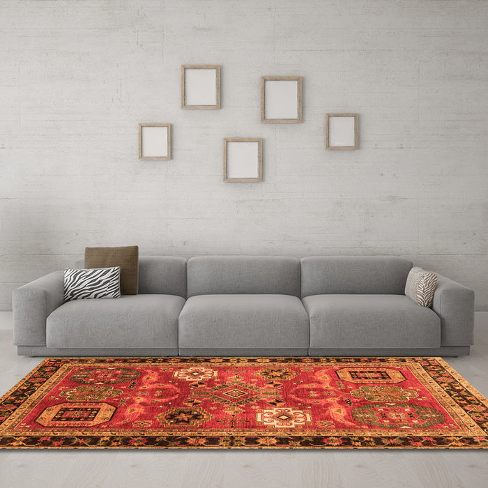 Machine Washable Abstract Orange Modern Area Rugs in a Living Room, wshabs4086org