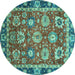 Round Machine Washable Oriental Turquoise Traditional Area Rugs, wshabs4087turq