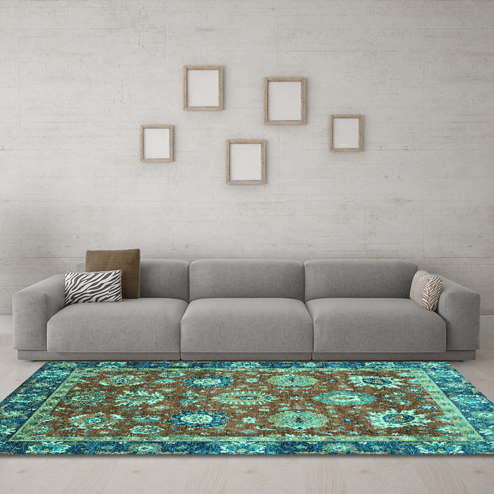 Machine Washable Oriental Turquoise Traditional Area Rugs in a Living Room,, wshabs4087turq