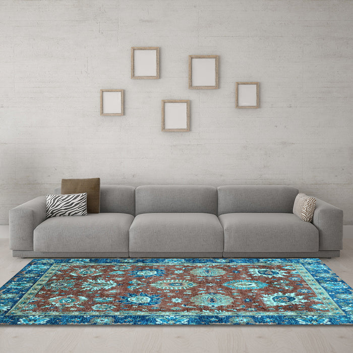 Machine Washable Oriental Light Blue Traditional Rug in a Living Room, wshabs4087lblu