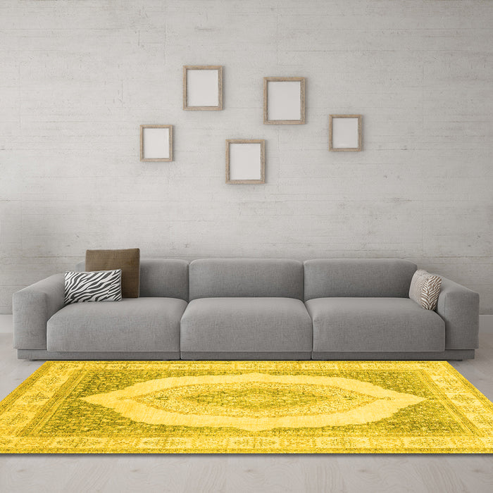Machine Washable Abstract Yellow Modern Rug in a Living Room, wshabs4088yw