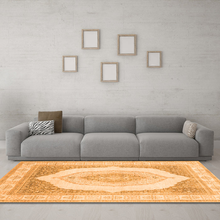Machine Washable Abstract Orange Modern Area Rugs in a Living Room, wshabs4088org
