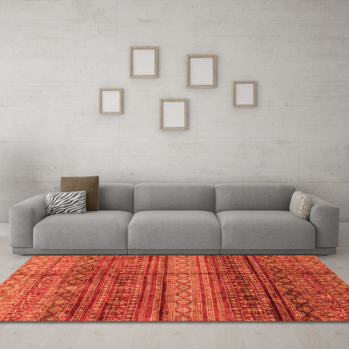 Machine Washable Abstract Orange Modern Area Rugs in a Living Room, wshabs4089org