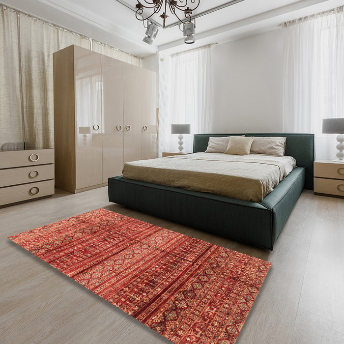 Abstract Red Modern Rug in a Bedroom, abs4089