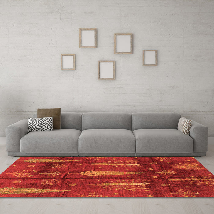 Machine Washable Abstract Orange Modern Area Rugs in a Living Room, wshabs4091org