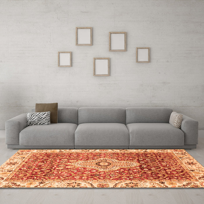Machine Washable Abstract Orange Modern Area Rugs in a Living Room, wshabs4094org
