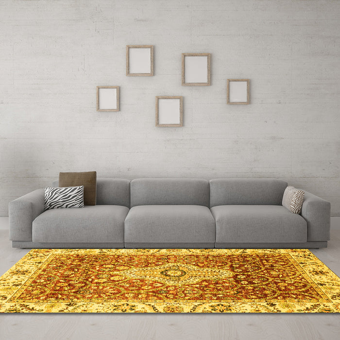Machine Washable Abstract Yellow Modern Rug in a Living Room, wshabs4094yw