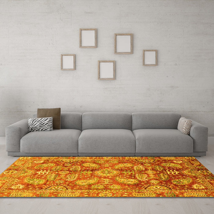 Machine Washable Oriental Yellow Traditional Rug in a Living Room, wshabs4095yw