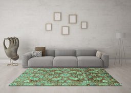 Machine Washable Oriental Turquoise Traditional Area Rugs in a Living Room,, wshabs4095turq