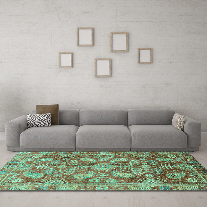 Machine Washable Oriental Turquoise Traditional Area Rugs in a Living Room,, wshabs4095turq