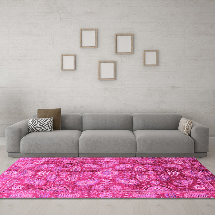 Machine Washable Oriental Pink Traditional Rug in a Living Room, wshabs4095pnk