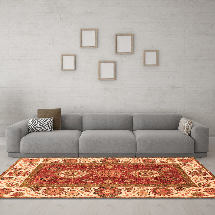 Machine Washable Abstract Orange Modern Area Rugs in a Living Room, wshabs4096org