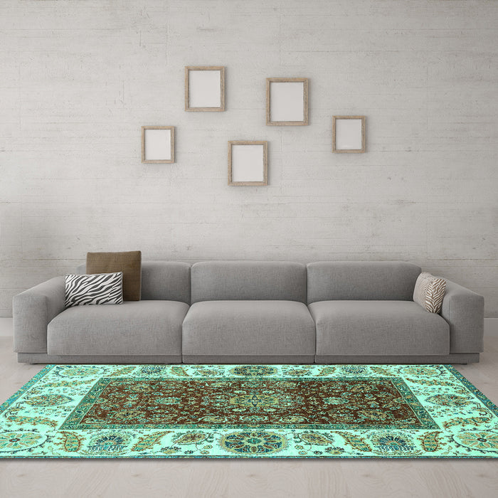 Machine Washable Abstract Turquoise Modern Area Rugs in a Living Room,, wshabs4097turq