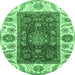 Round Machine Washable Abstract Emerald Green Modern Area Rugs, wshabs4097emgrn