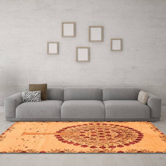 Machine Washable Abstract Orange Modern Area Rugs in a Living Room, wshabs4099org