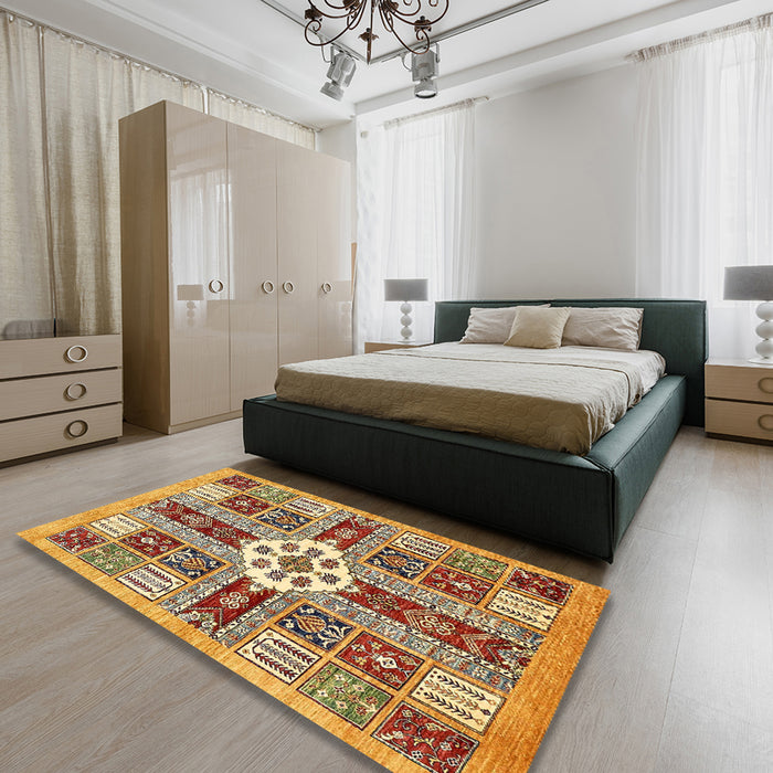 Abstract Fire Brick Red Modern Rug in a Bedroom, abs409