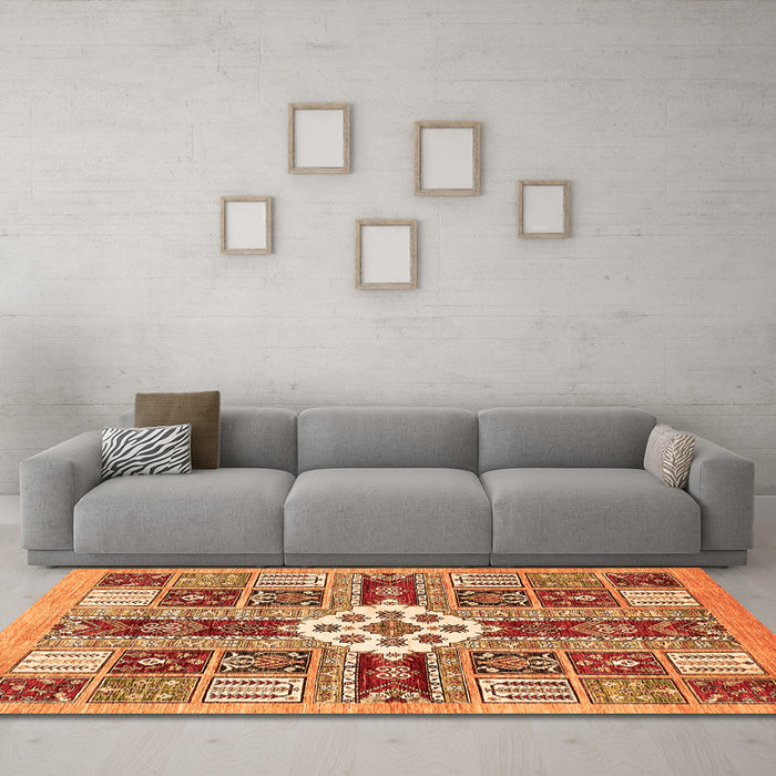 Machine Washable Abstract Orange Modern Area Rugs in a Living Room, wshabs409org