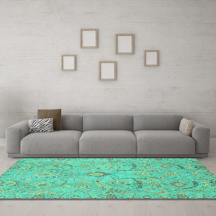 Machine Washable Oriental Turquoise Traditional Area Rugs in a Living Room,, wshabs4101turq