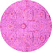 Round Machine Washable Oriental Pink Traditional Rug, wshabs4101pnk