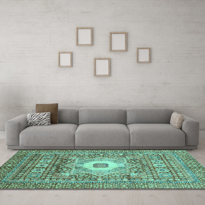 Machine Washable Abstract Turquoise Modern Area Rugs in a Living Room,, wshabs4102turq
