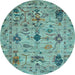 Round Machine Washable Oriental Light Blue Traditional Rug, wshabs4107lblu