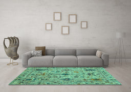 Machine Washable Oriental Turquoise Traditional Area Rugs in a Living Room,, wshabs4107turq