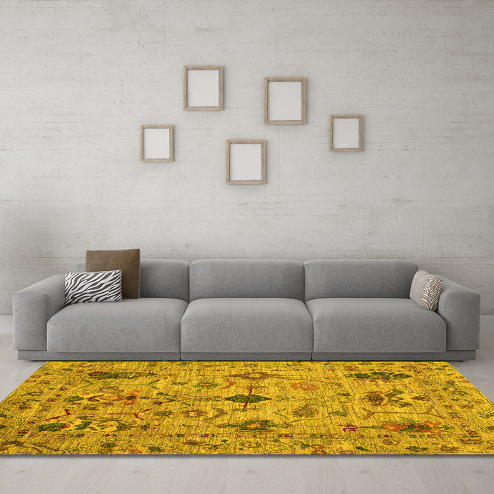 Machine Washable Oriental Yellow Traditional Rug in a Living Room, wshabs4107yw
