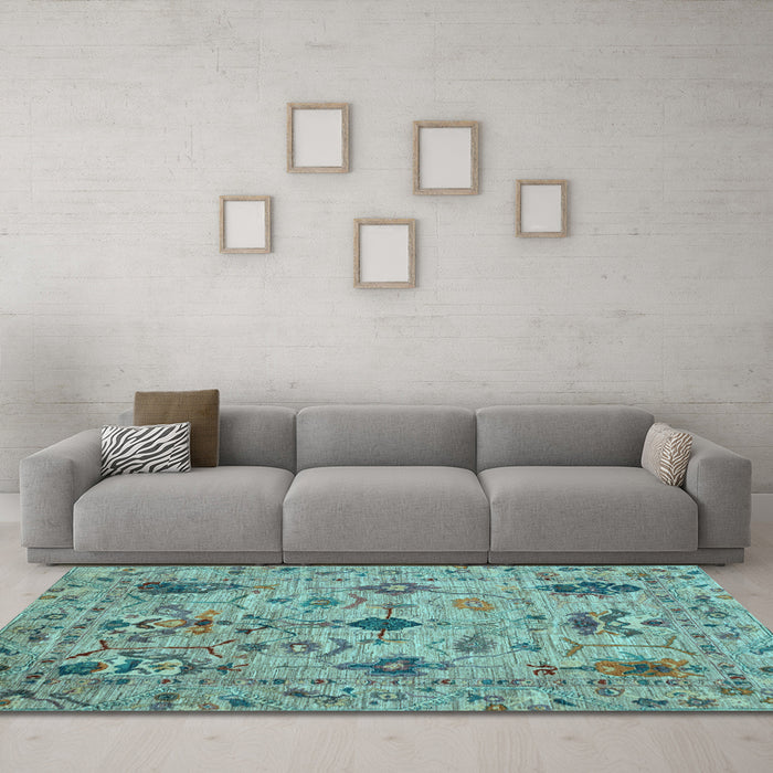 Machine Washable Oriental Light Blue Traditional Rug in a Living Room, wshabs4107lblu