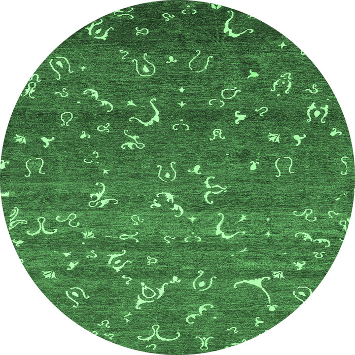 Round Machine Washable Abstract Emerald Green Modern Area Rugs, wshabs4109emgrn