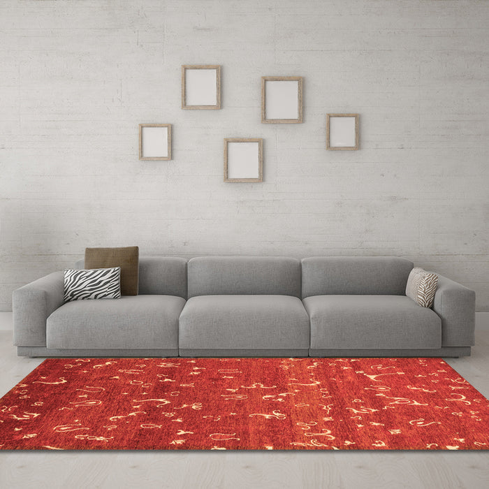 Machine Washable Abstract Orange Modern Area Rugs in a Living Room, wshabs4109org