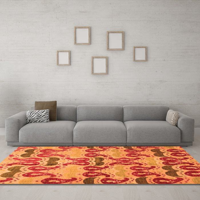 Machine Washable Abstract Orange Modern Area Rugs in a Living Room, wshabs4110org