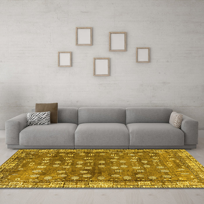 Machine Washable Oriental Yellow Traditional Rug in a Living Room, wshabs4129yw