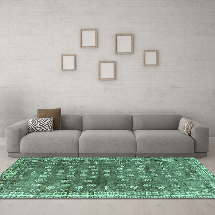 Machine Washable Oriental Turquoise Traditional Area Rugs in a Living Room,, wshabs4129turq
