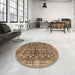 Round Machine Washable Abstract Saddle Brown Rug in a Office, wshabs4129