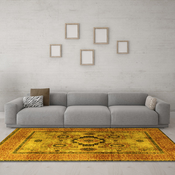 Machine Washable Oriental Yellow Modern Rug in a Living Room, wshabs4135yw