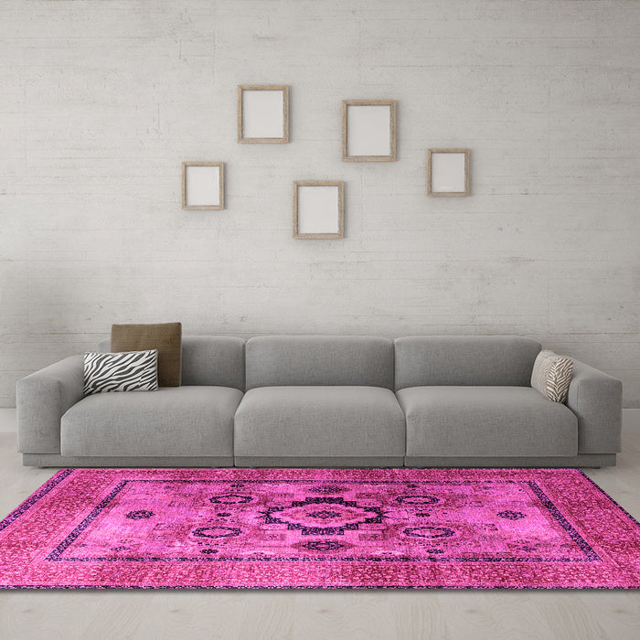 Machine Washable Oriental Pink Modern Rug in a Living Room, wshabs4135pnk